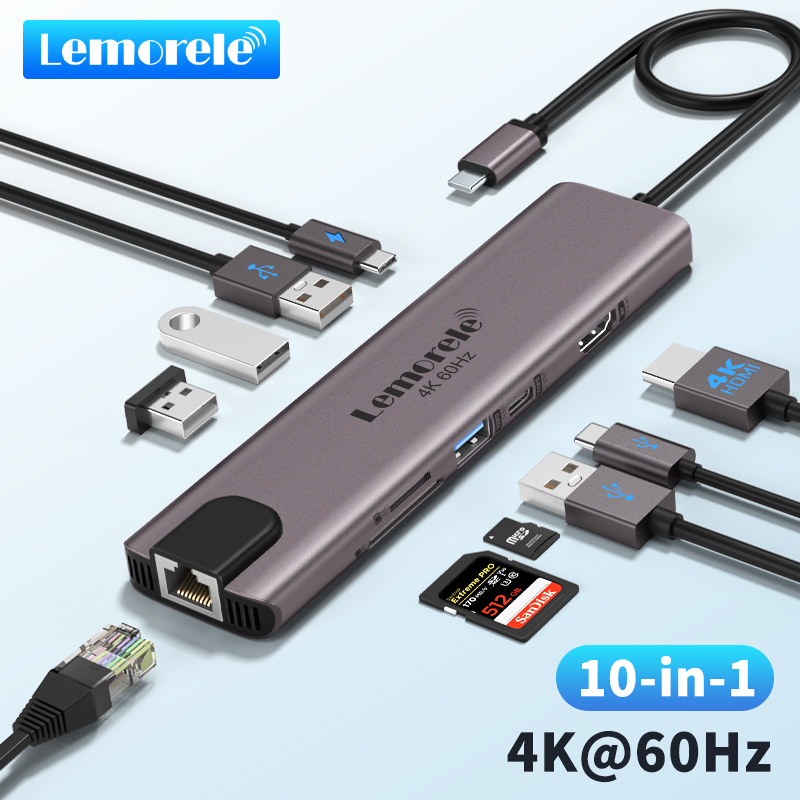 Lemorele 10 in 1 USB C HUB Docking Station Type C Adapter 4K@60Hz HDMI 100W PD RJ45 1000Mb