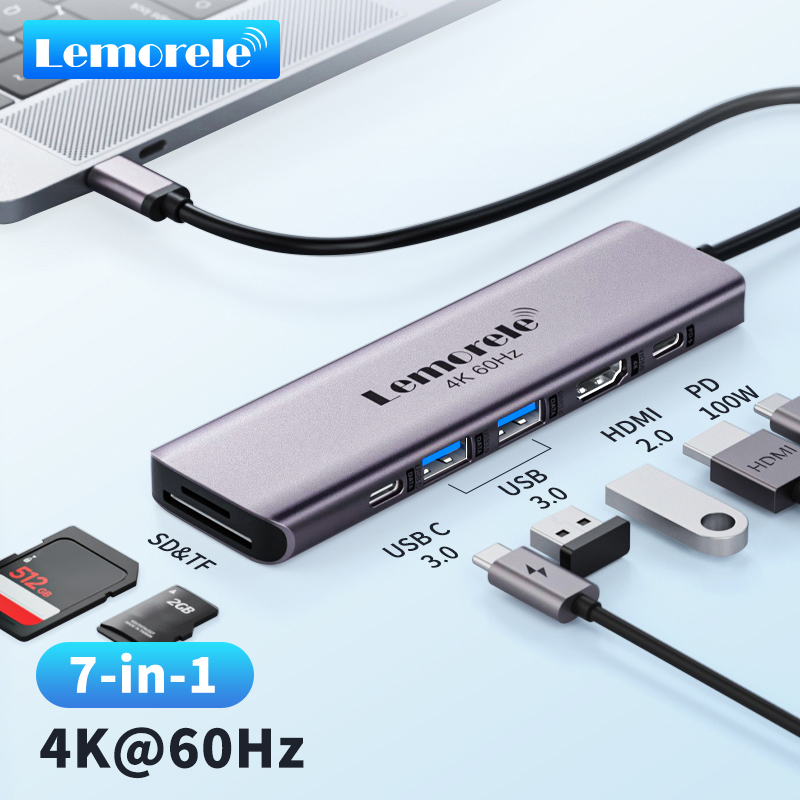 Lemorele 7-in-1 USB HUB Docking Station USB-C Hub HDMI 4K 60Hz USB 3.0 Adapter PD100W Char