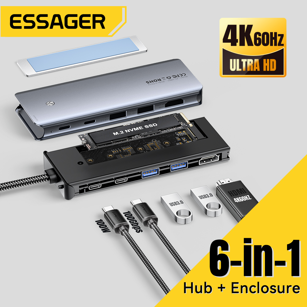 Essager USB C Hub With M.2 SSD Hard Disk Enclosure 6/7 in 1 PD100W USB