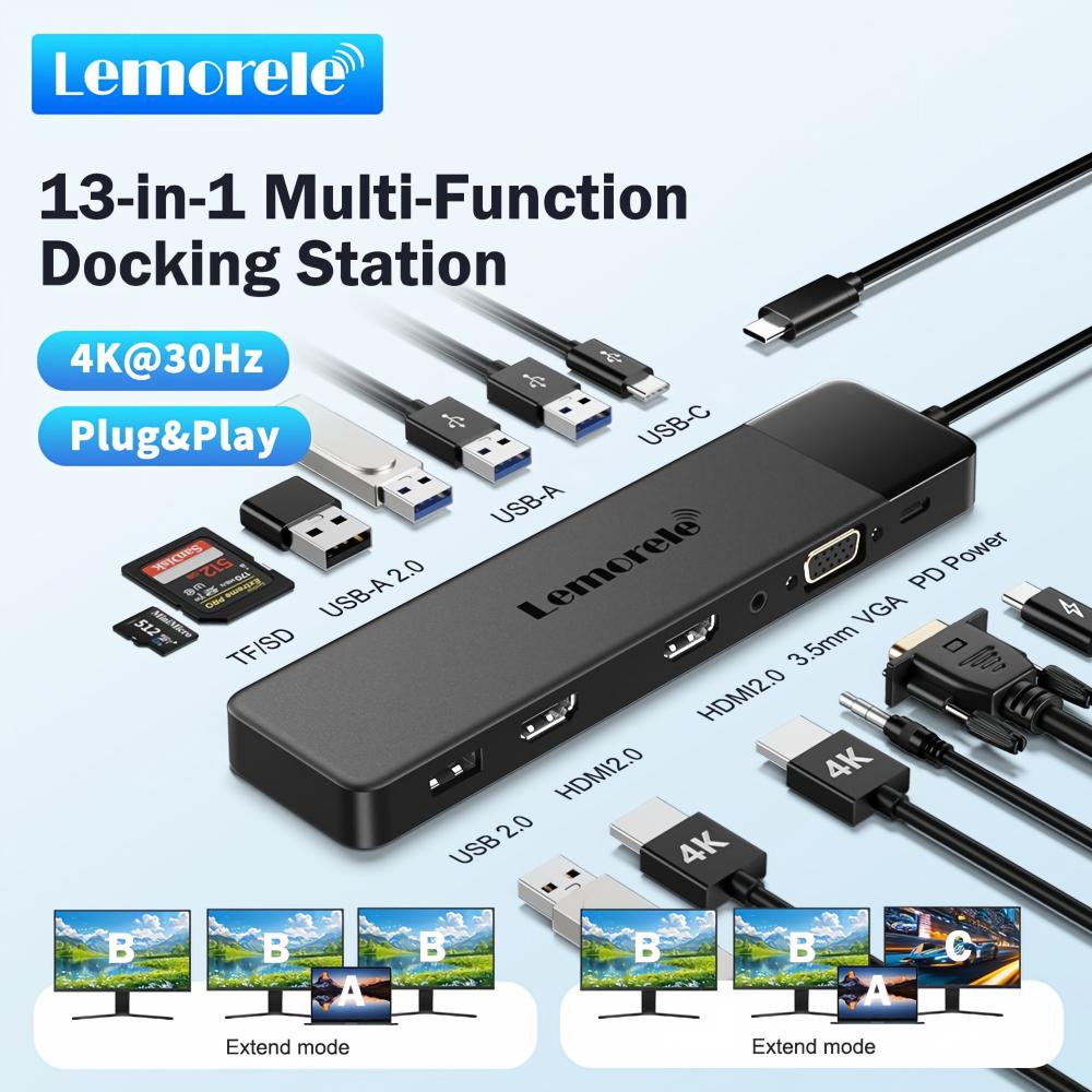 Lemorele USB C HUB 13-in-1 Docking Station 4K 30Hz HDMI USB 3.0 PD 100