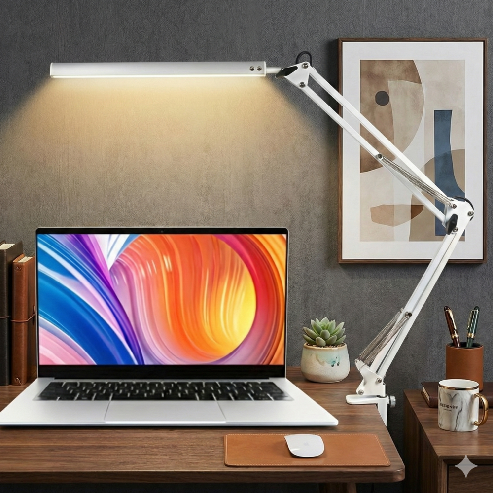 10W LED Desk Lamp with Clamp Swing Arm Eye-Caring Dimmable Desk Light 10 Brightness Levels