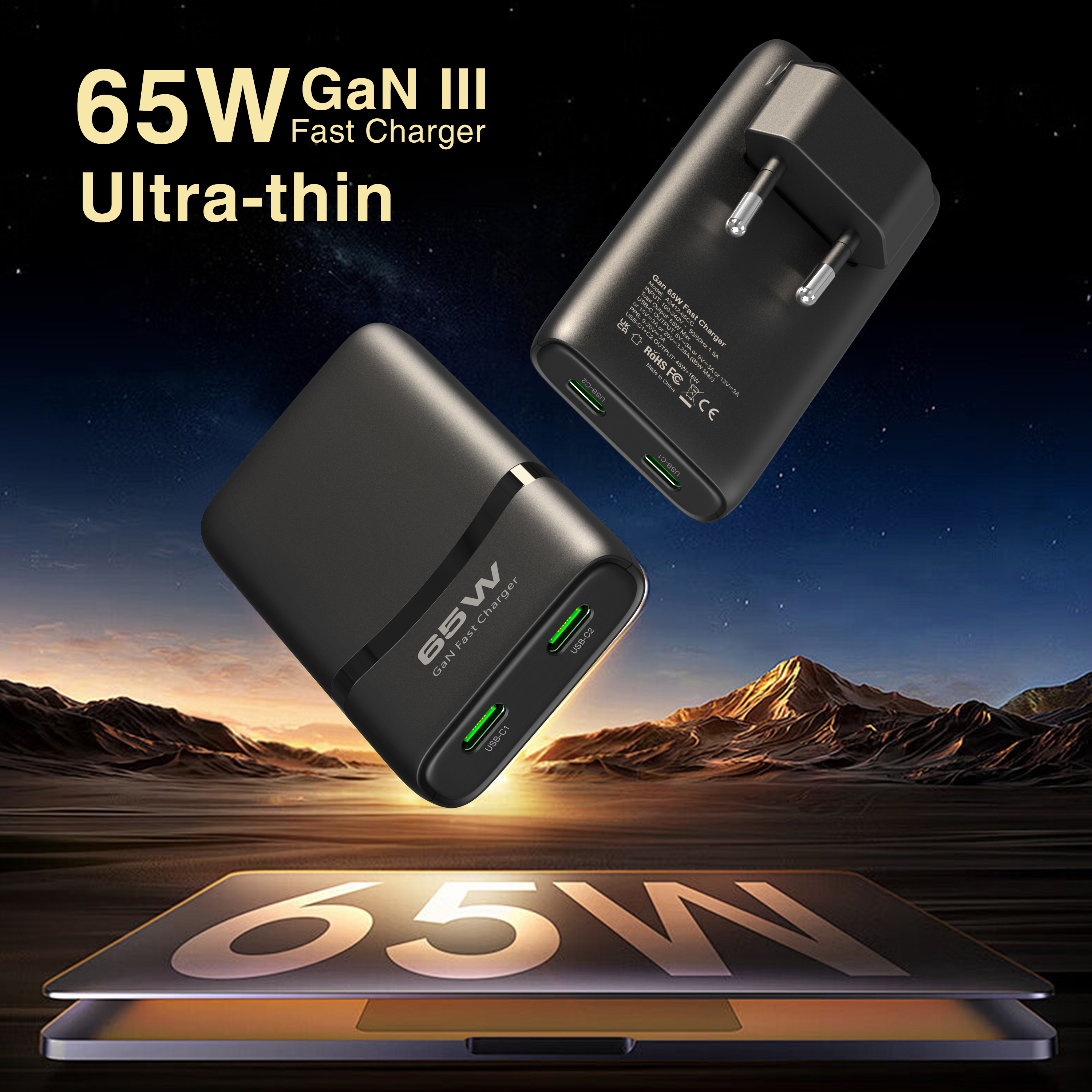 65W Flat GaN USB C Charger Dual-port Fast Wall Charger Compact Power Adapter With Foldable