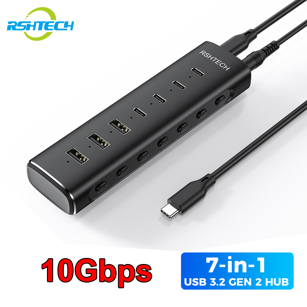 RSHTECH USB 3.2 Hub Splitter 7-IN-1 10Gbps Data Transfer with Individu