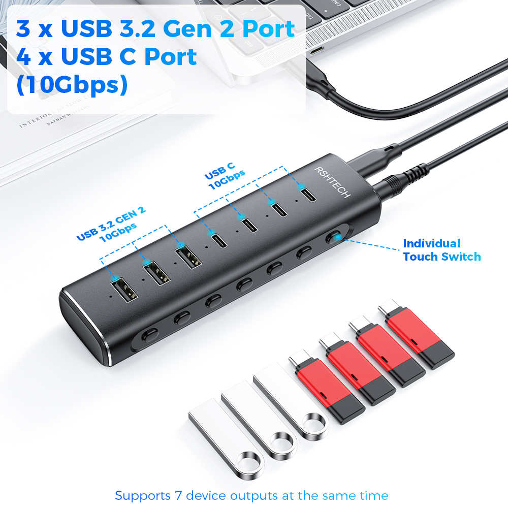 RSHTECH USB 3.2 Hub Splitter 7-IN-1 10Gbps Data Transfer with Individu — photo 2