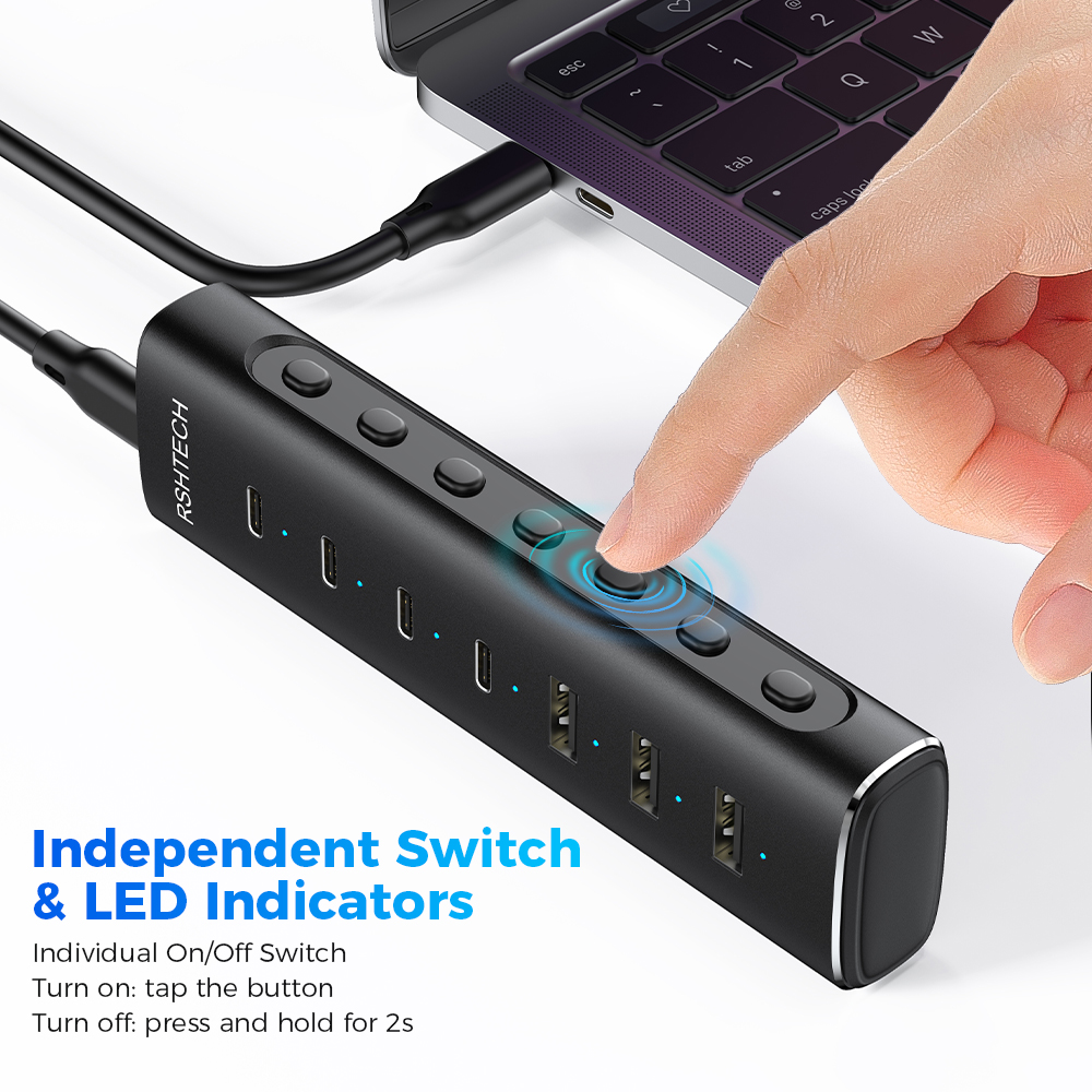 RSHTECH USB 3.2 Hub Splitter 7-IN-1 10Gbps Data Transfer with Individu — photo 5