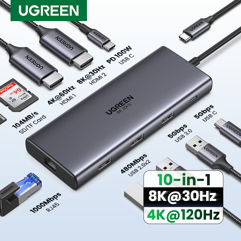 UGREEN Dual HDMI USB-C HUB 8K 4K HDMI Adapter 10 in 1 Splitter with RJ
